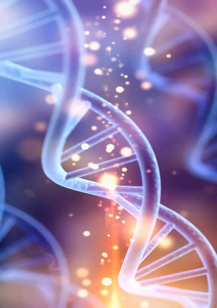 Close-up of glowing DNA double helix strands with light particles and a soft, blurred blue and purple background, creating a futuristic and scientific atmosphere.