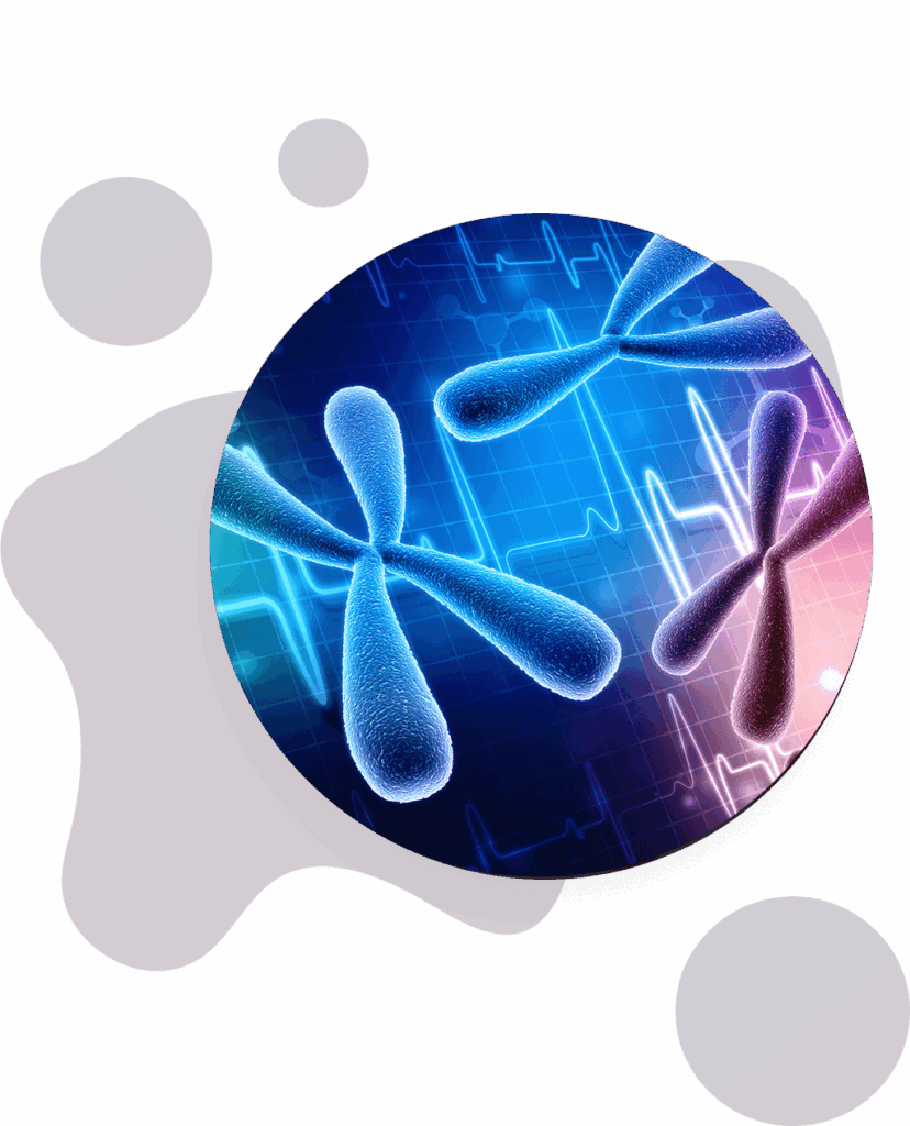 Digital illustration of three blue chromosomes on a circular background with a heartbeat graph pattern, overlaid on abstract gray and purple shapes.