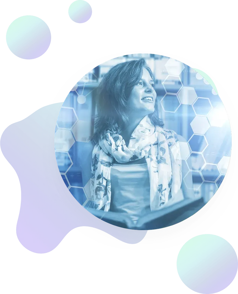 A woman smiling and looking up, standing in front of bookshelves with a hexagonal digital overlay. The image is surrounded by abstract blue and green gradient shapes and spheres.